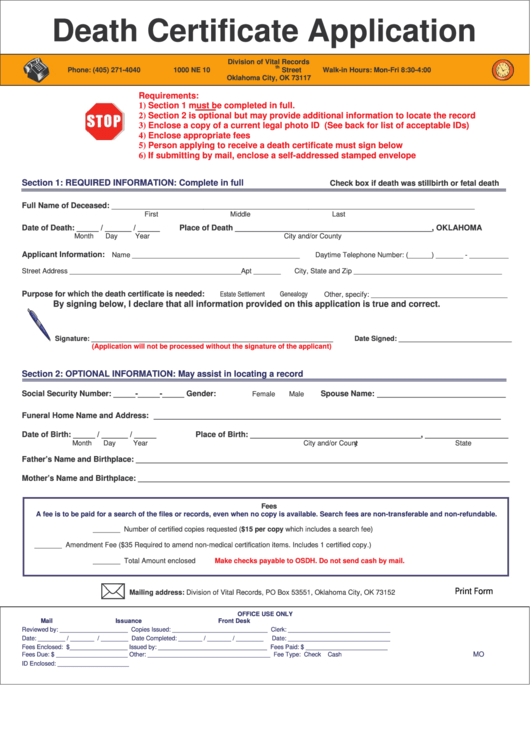 Fillable Death Certificate Application Form - White Printable pdf