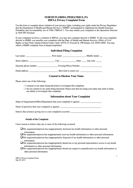 North Florida Pediatrics, Pa Hipaa Privacy Complaint Form Printable pdf