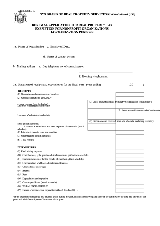 Form Rp-420-A/b-Rnw-I - Schedule A - Renewal Application For Real Property Tax Exemption For Nonprofit Organizations I-Organization Purpose Printable pdf