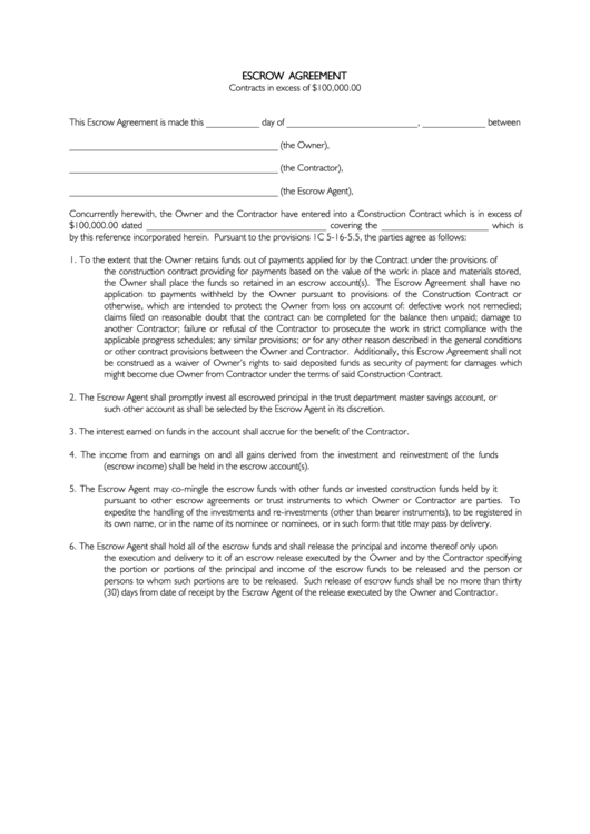 Escrow Agreement Form Printable pdf