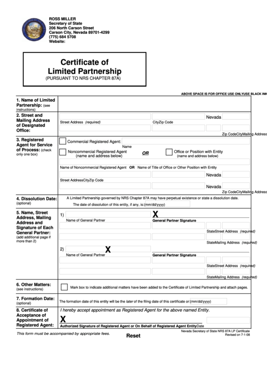 Fillable Certificate Form Of Limited Partnership - State Of Nevada Printable pdf