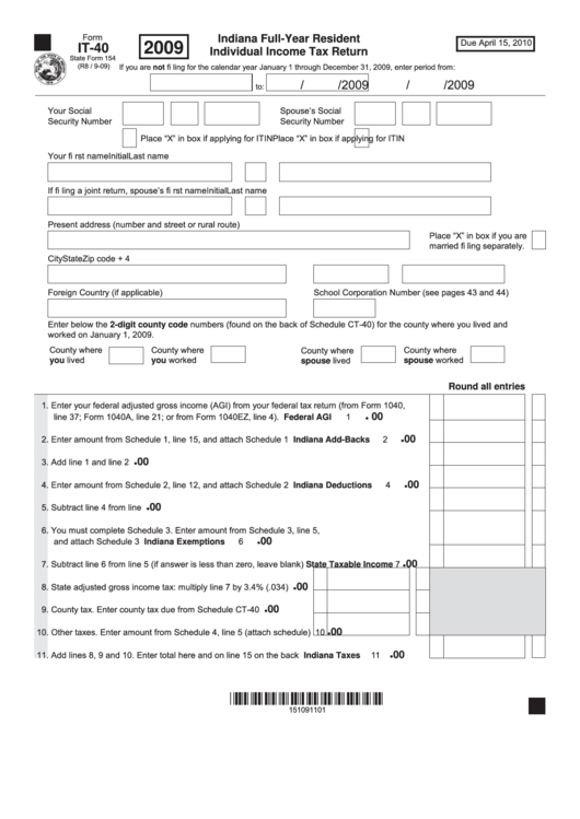 Fillable Form It-40 - Indiana Full-Year Resident Individual Income Tax Return - 2009 Printable pdf