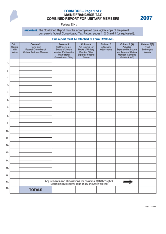 Form Crb - Maine Franchise Tax Combined Report For Unitary Members - 2007 Printable pdf