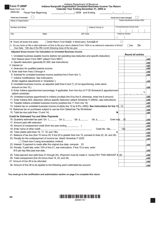 Fillable Form It-20np - Indiana Nonprofit Organization Unrelated Business Income Tax Return - 2009 Printable pdf
