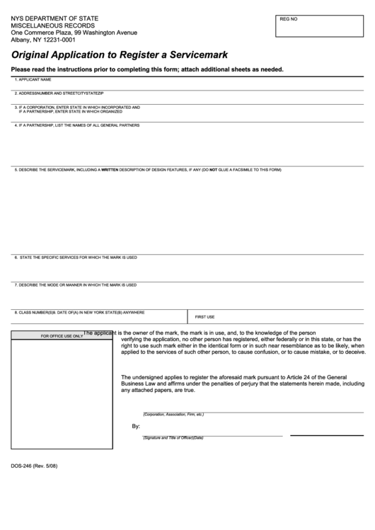 Fillable Form Dos-246 - Original Application To Register A Servicemark - 2008 Printable pdf