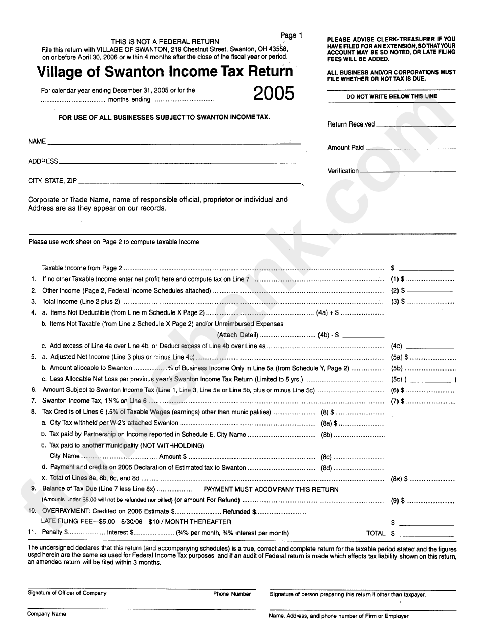 Village Of Swanton Income Tax Return Form - 2005