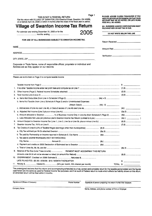 Village Of Swanton Income Tax Return Form - 2005 Printable pdf