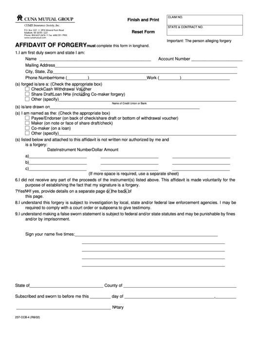 Fillable Form 237-Ccb-4 - Affidavit Of Forgery Printable pdf