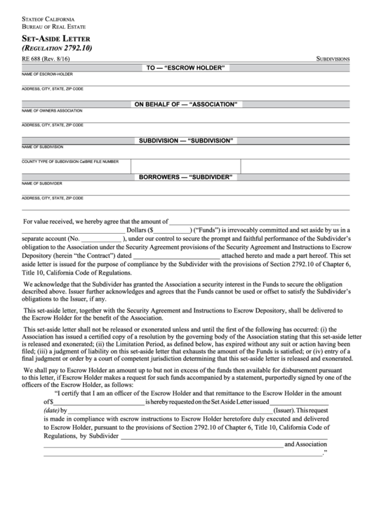 Fillable Form Re 688 - Set-Aside Letter - 2016 Printable pdf