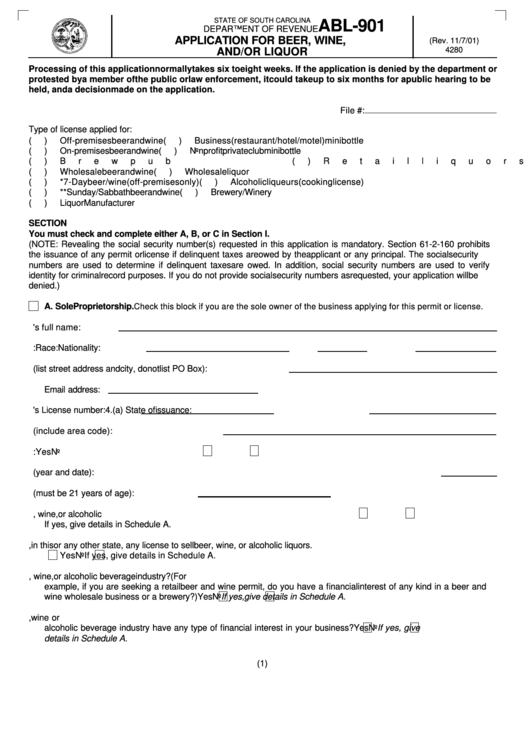 Form Abl-901 - Application For Beer, Wine, And/or Liquor Printable pdf
