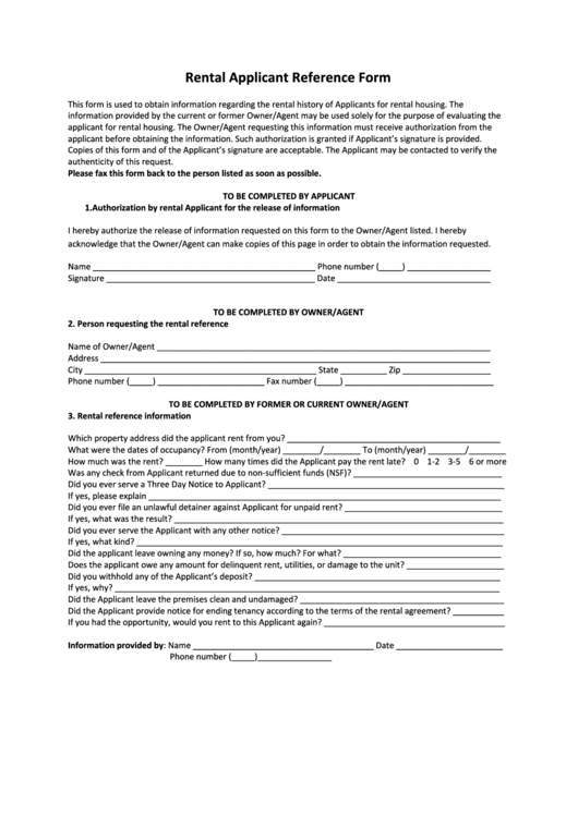 Rental Applicant Reference Form Printable pdf