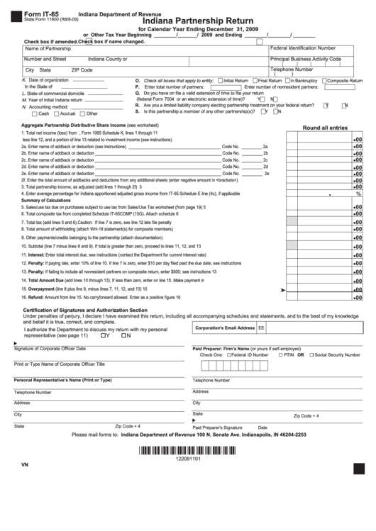 Fillable Form It-65 - Indiana Partnership Return - 2009 Printable pdf