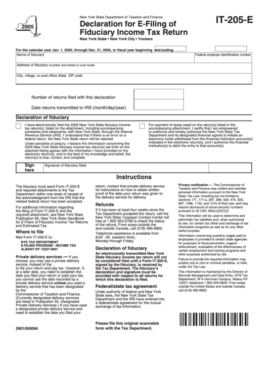 Fillable Form It-205-E - Declaration For E-Filing Of Fiduciary Income Tax Return Form - State Of New York Printable pdf