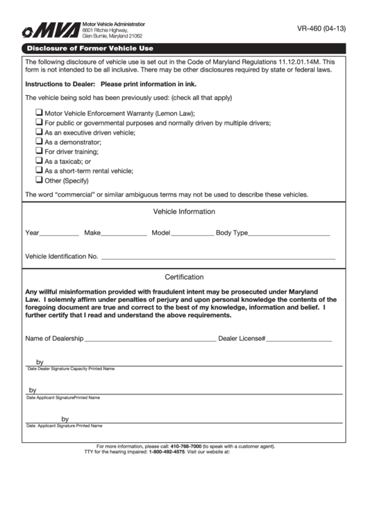 Form - Vr-460 - Disclosure Of Former Vehicle Use - Motor Vehicle Administratio - 2013