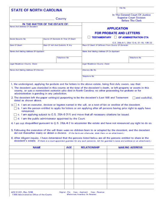 Form Aoc-E-201 - Application For Probate And Letters Printable pdf