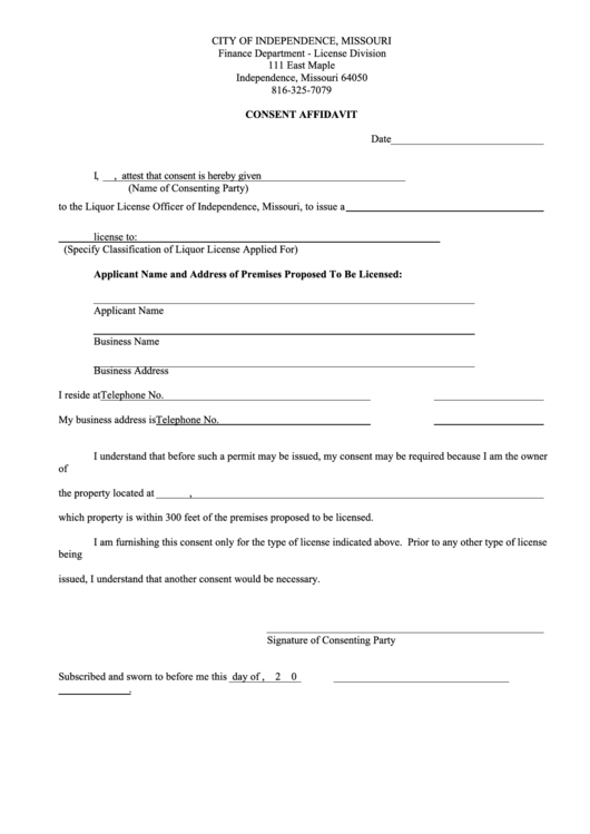 Consent Affidavit - City Of Independence, Missouri Finance Department Printable pdf