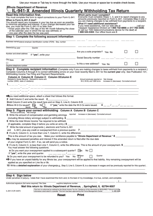 Fillable Form Il-941-X - Amended Illinois Quarterly Withholding Tax