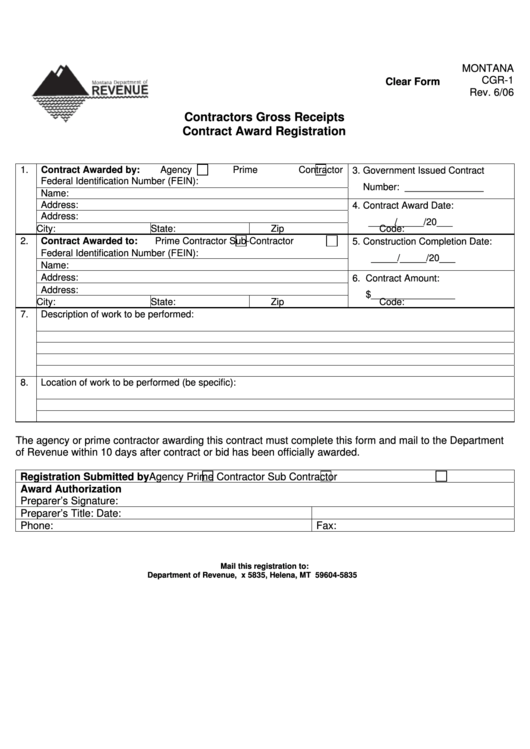 Fillable Form Cgr-1 - Contractors Gross Receipts Contract Award Registration Printable pdf