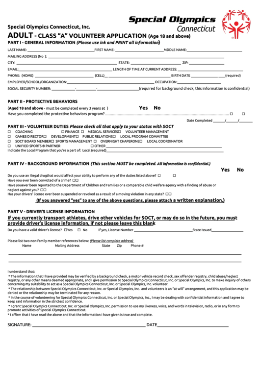 Adult - Class "A" Volunteer Application (Age 18 And Above) Printable pdf