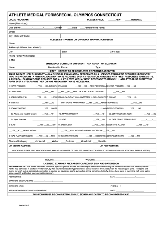 Athlete Medical Form - Special Olympics Connecticut Printable pdf