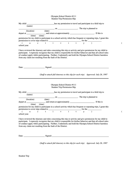 Student Trip Permission Form - Olympia School District 111 Printable pdf