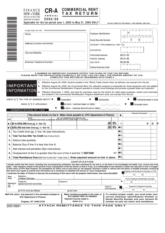 Form Cr-A - Commercial Rent Tax Return - 2005/06 Printable pdf