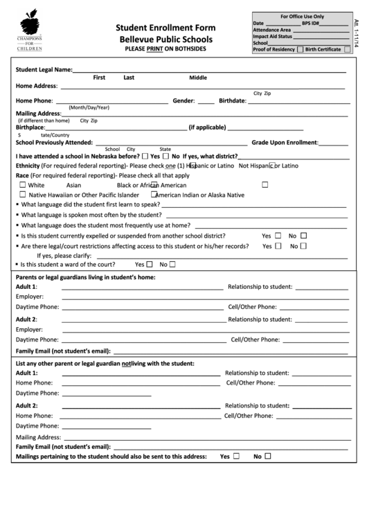 Student Enrollment Form Printable pdf