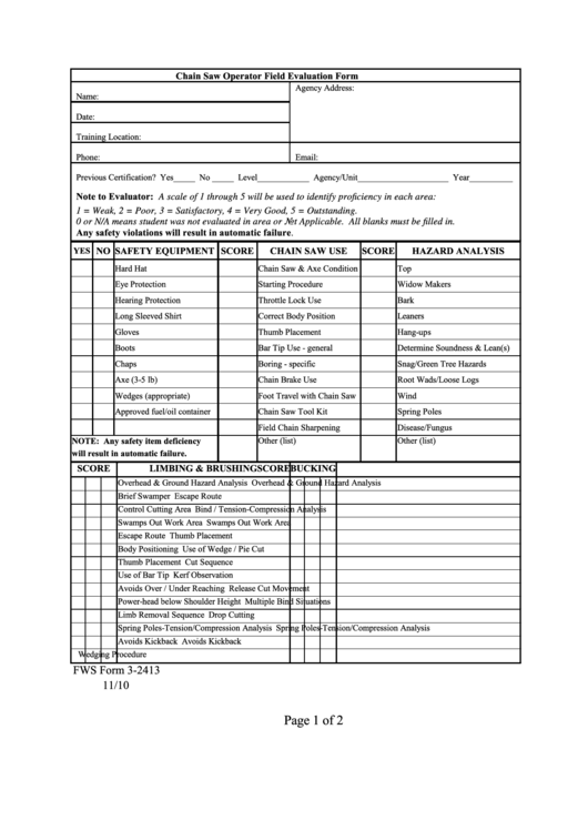 Fillable Fws Form 3-2413 - Chain Saw Operator Field Evaluation Form Printable pdf