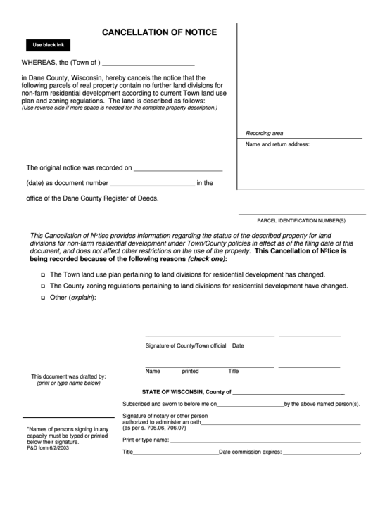 Fillable Cancellation Of Notice Printable pdf