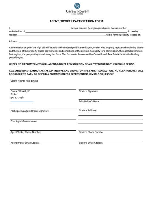 Agent / Broker Participation Form - Carew Rowell Real Estate Printable pdf