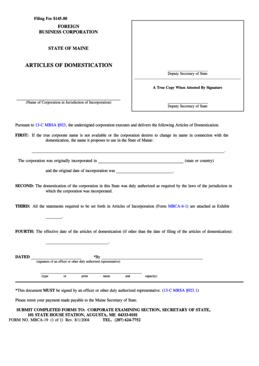 Fillable Form Mbca-19 - Foreign Business Corporation Articles Of Domestication - 2004 Printable pdf