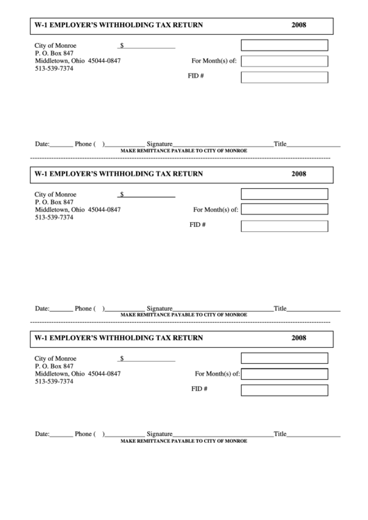 Form W-1 - Employer'S Withholding Tax Return - 2008 printable pdf download