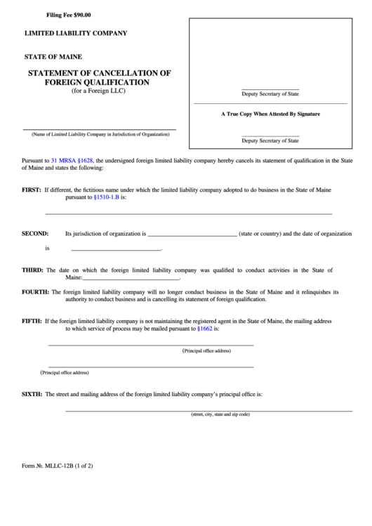 Fillable Form Mllc-12b - Statement Of Cancellation Of Foreign Qualification Printable pdf