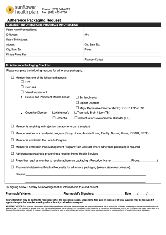 Fillable Adherence Packaging Request Form Printable pdf