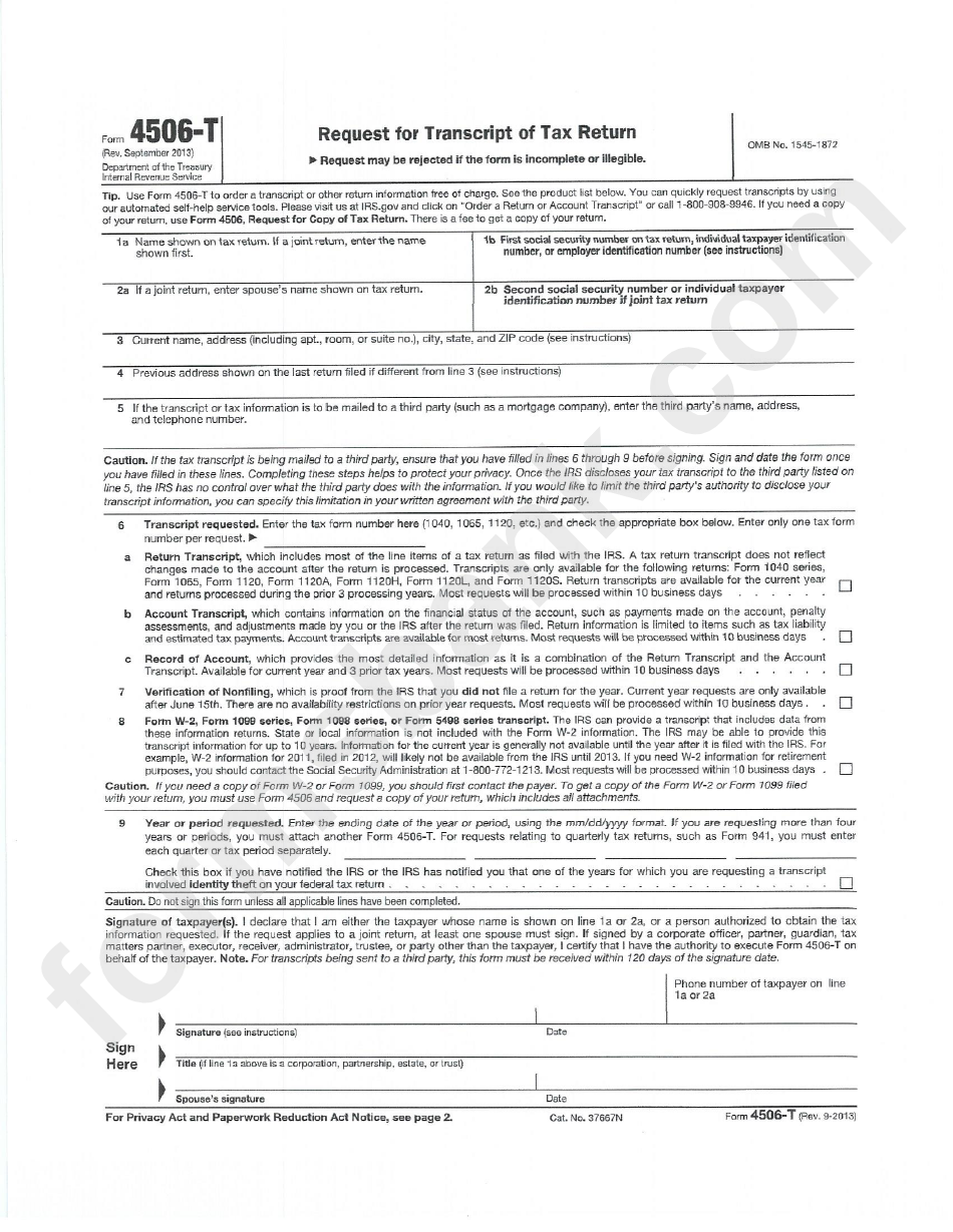 Form 4506-T - Form Request For Transcript Of Tax Return