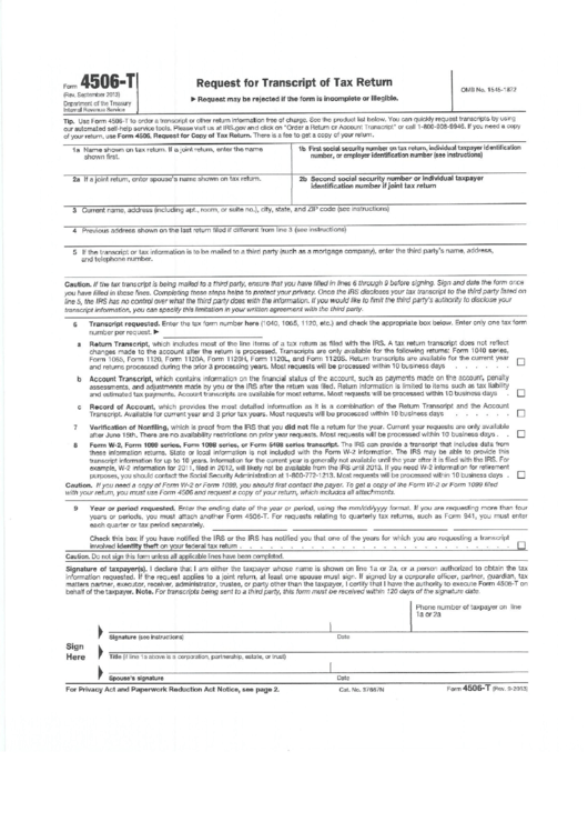 Form 4506-T - Form Request For Transcript Of Tax Return Printable pdf