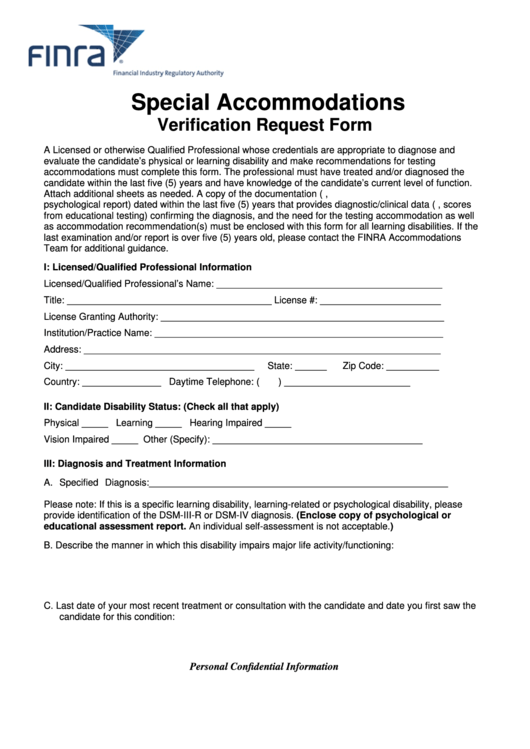 Special Accommodations Verification Request Form - Finra Printable pdf