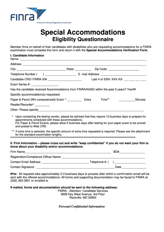 Special Accommodations Eligibility Questionnaire Form - Finra Printable pdf