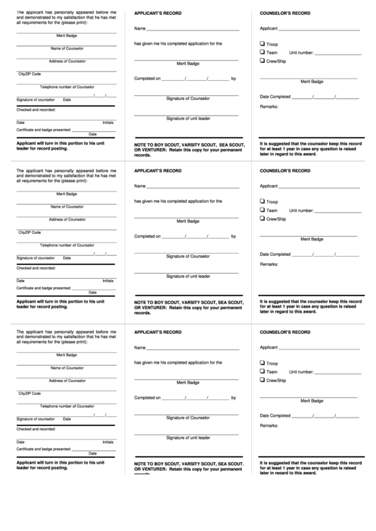 Application For Merit Badge Form Printable pdf