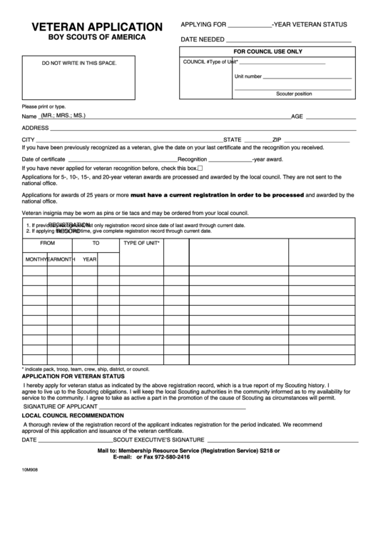 Fillable Veteran Application Form - Boy Scouts Of America Printable pdf