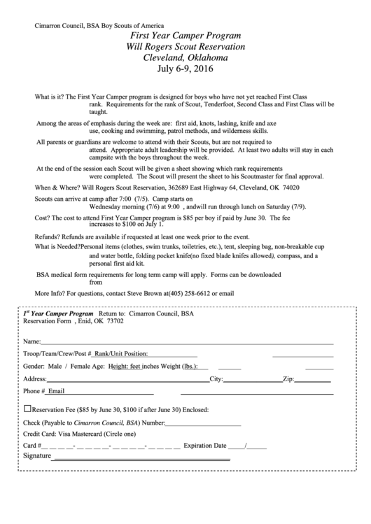 First Year Camper Program - Reservation Form - Bsa - 2016 Printable pdf