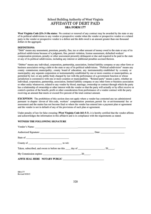 Form Sba 177 - Affidavit Of Debt Paid Printable pdf