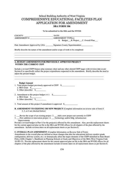 Sba Form 106 - Comprehensive Educational Facilities Plan Application For Amendment - Scool Building Authority Of West Virginia Printable pdf