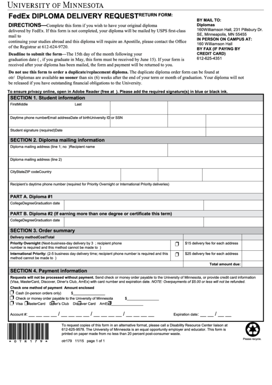 Fillable Form Otr179 - Fedex Diploma Delivery Request Printable pdf