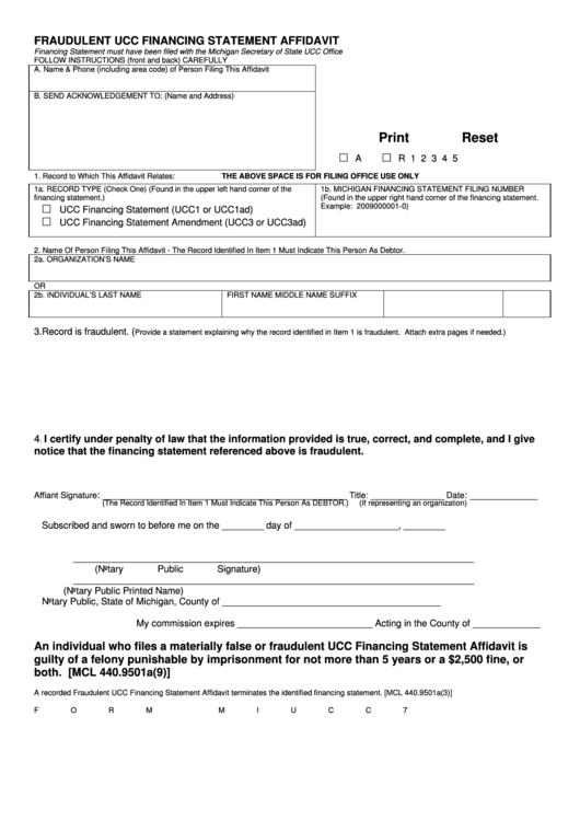 Fillable Form Miucc7 - Fraudulent Ucc Financing Statement Affidavit - Michigan Department Of State Printable pdf