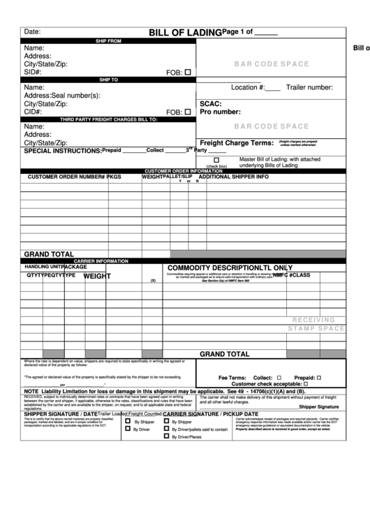 Fillable Bill Of Lading Form printable pdf download