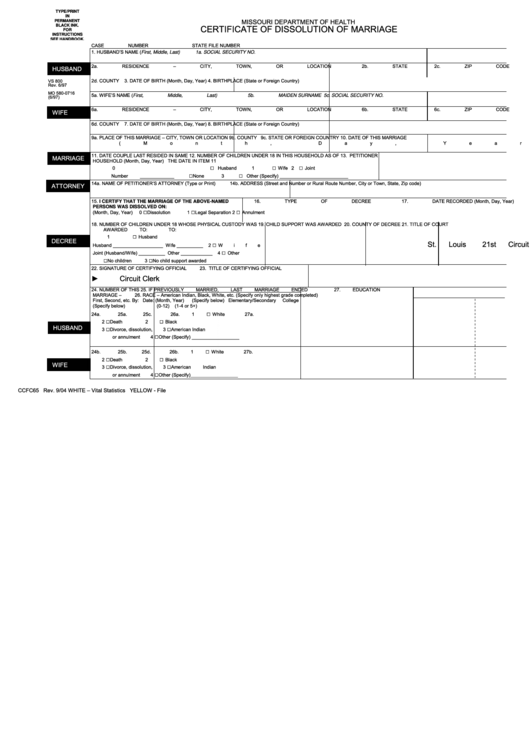 Fillable Form Ccfc65 - Certificate Of Dissolution Of Marriage Printable pdf
