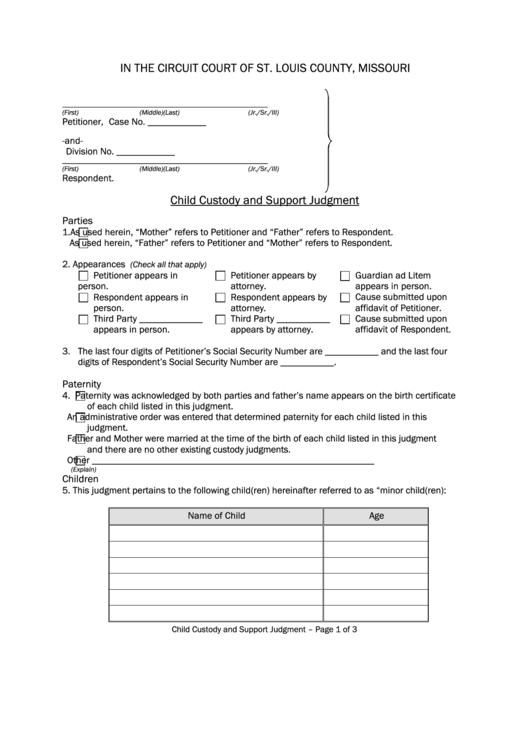 Fillable Child Custody And Support Judgment Form - St. Louis County, Missouri Printable pdf