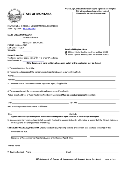 Fillable Form 80c - Statement Of Change Of Noncommercial Registered Agent By Agent 35-7-109, Mca Printable pdf