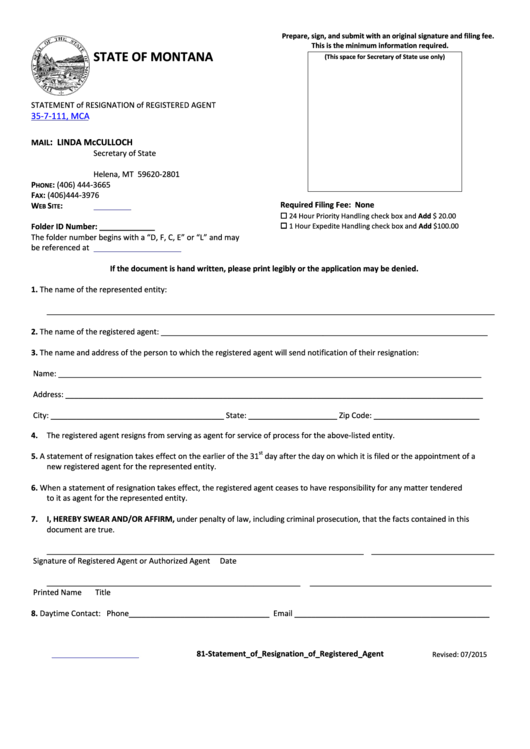 Fillable Form 81 - Statement Of Resignation Of Registered Agent 35-7-111, Mca Printable pdf